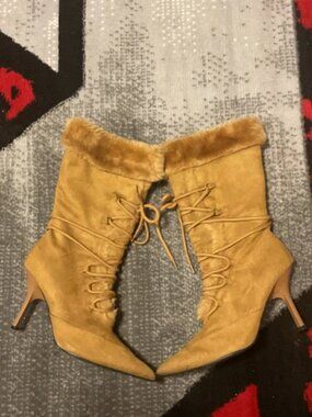 Light brown winter heel boots with inside and outside fur